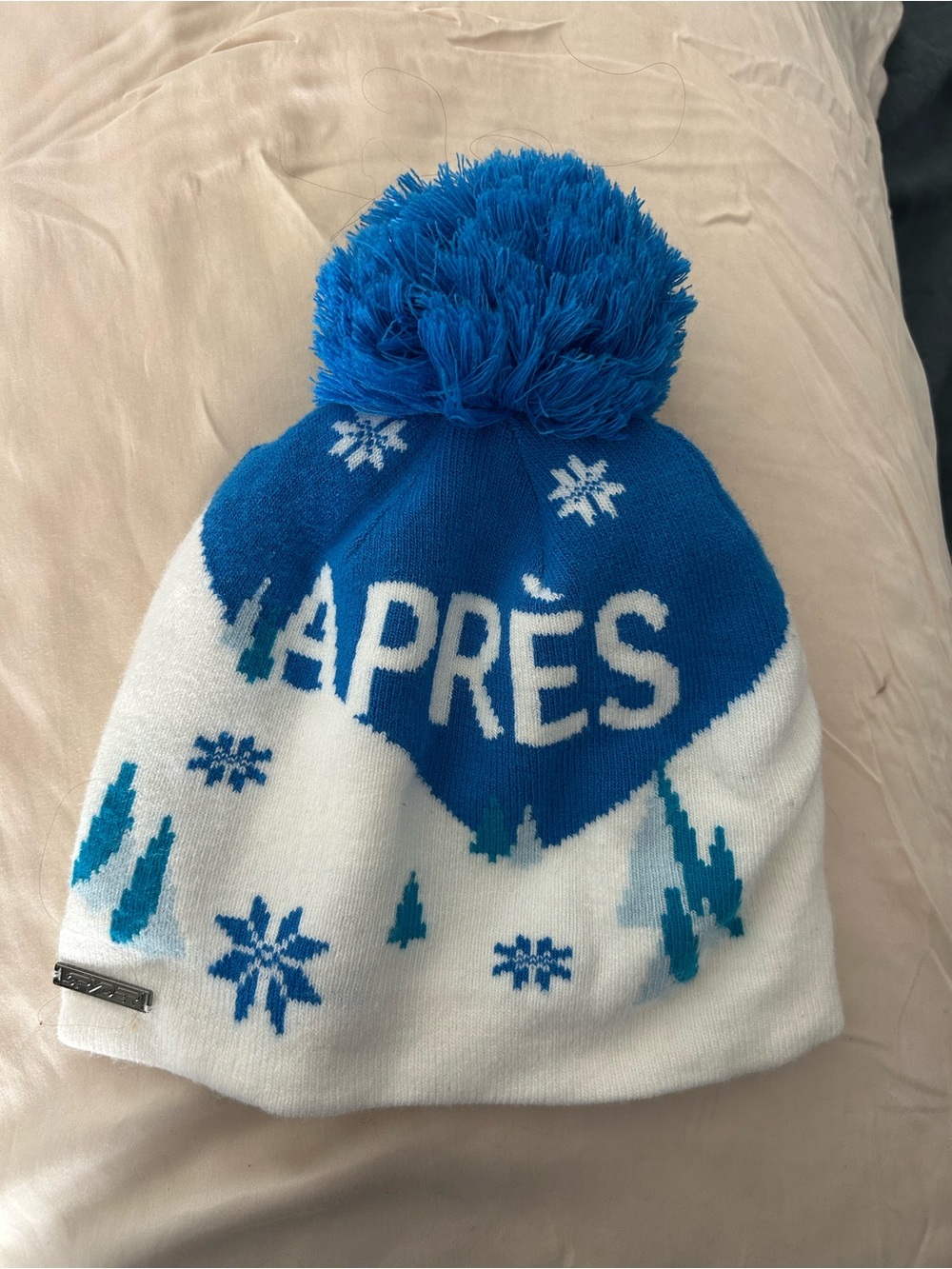 Spyder Après Blue & White Pom Knit Beanie